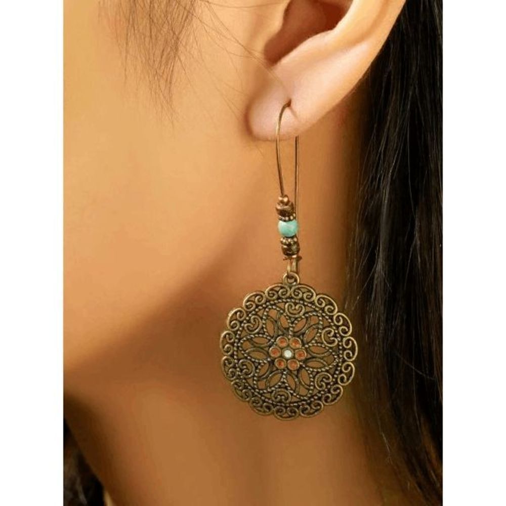 ANTIQUE GOLD FLOWER FILIGREE STYLE BOHO BEAD DANGLE EARRINGS